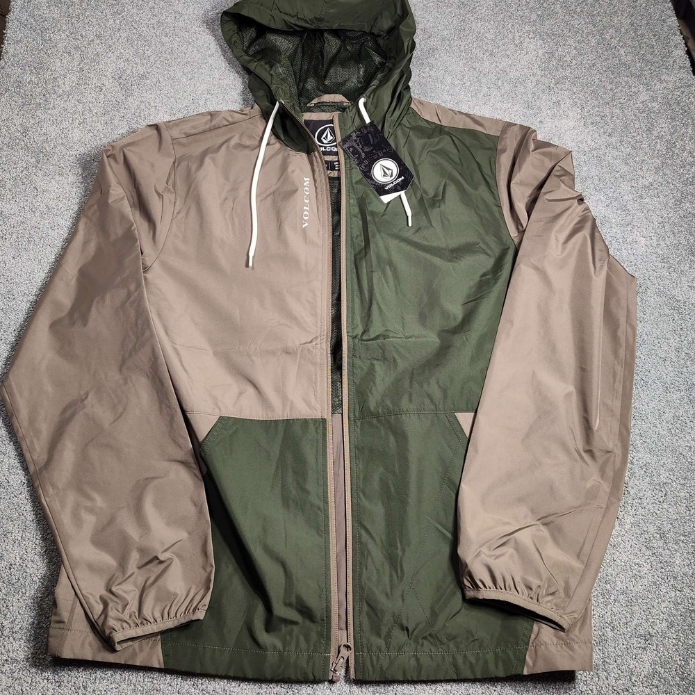 Volcom Karlin Jacket Colorblock Hooded Windbreaker Mens Medium Tan Green New